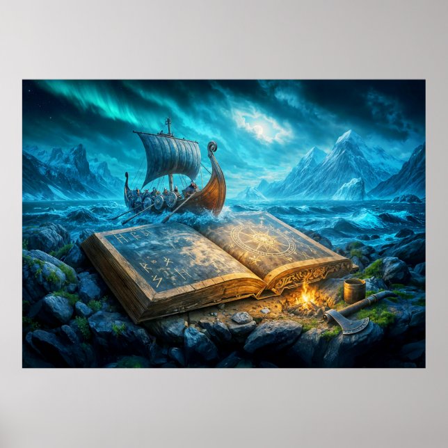 Póster Barco vikingo navega desde un libro antiguo (Frente)