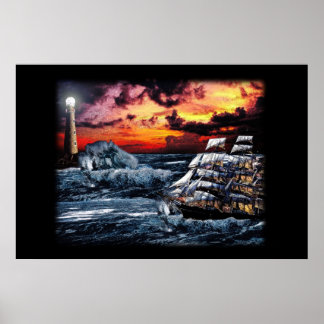 Póster Barco y faro