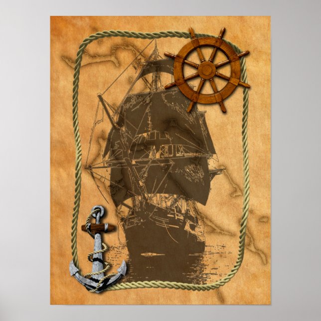 Póster Barco y Mapa Vintage Náutico (Frente)