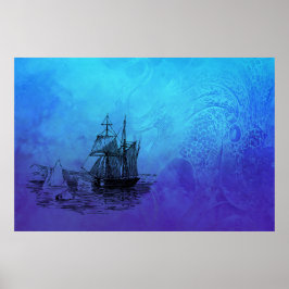 Póster Barco y pulpo náuticos