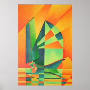 Póster Barcos de basura chinos navegan en Naranja Sunrise