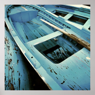 Póster Barcos de pesca de madera rústica pintados de azul