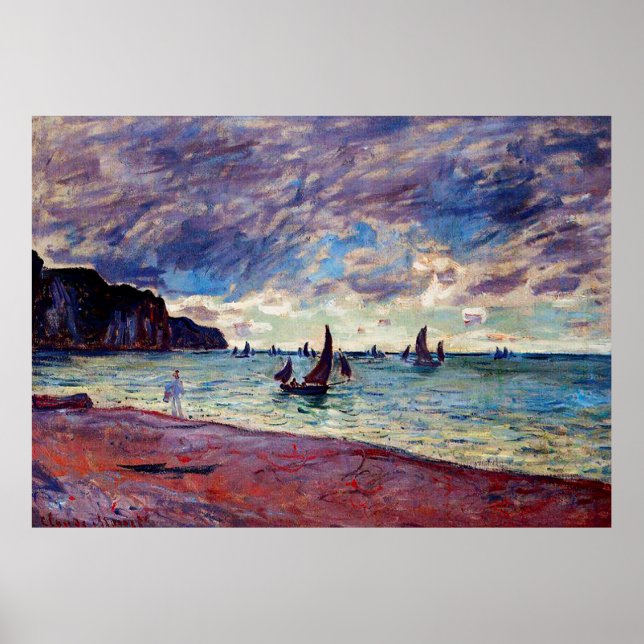 Póster Barcos de pesca en la playa y los acantilados (Frente)