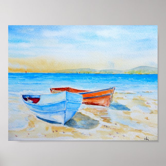 Póster Barcos de playa de pintura acuática (Frente)