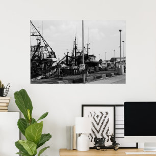 Póster Barcos De Puerto Monocromo Blanco Y Negro