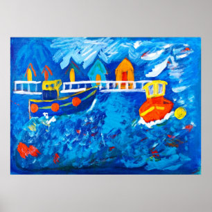 Póster Barcos de remolque en la pintura acrílica marina d