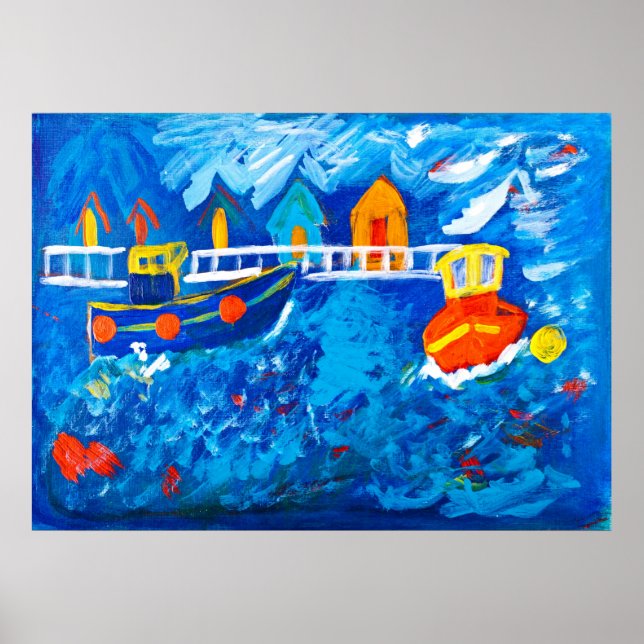 Póster Barcos de remolque en la pintura acrílica marina d (Frente)