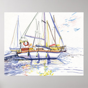 Póster Barcos de vela amarrados y reflejos Acuarela