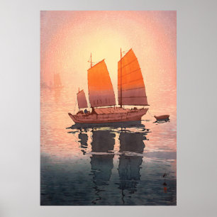 Póster Barcos de vela, barcos de vela, mañana, Yoshida Hi