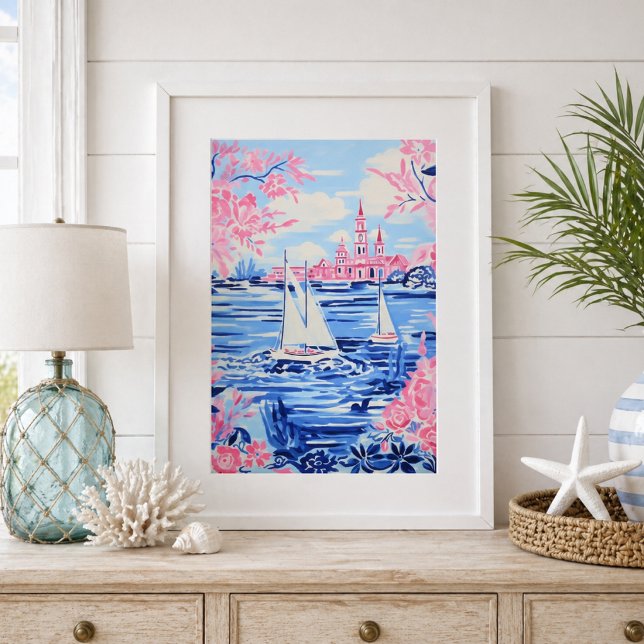 Póster Barcos de vela blancos acuarela Aguas azules Flora (Subido por el creador)