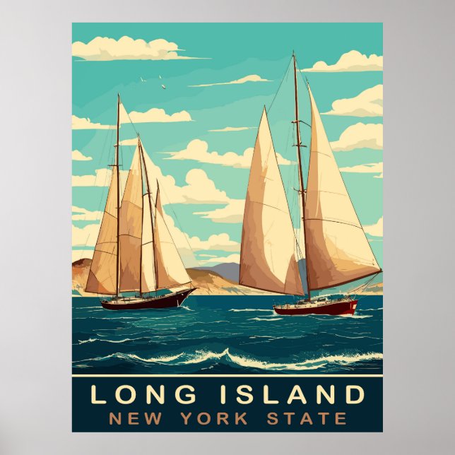 Póster Barcos de Vela en Long Island, NY, Viajes (Frente)