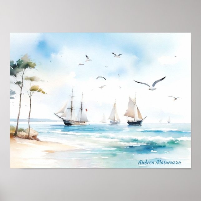 Póster Barcos de vela en mar tranquilo (Frente)
