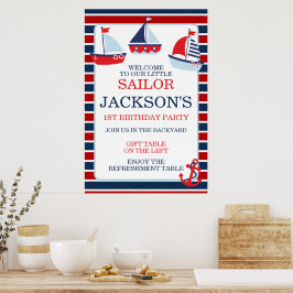 Póster Barcos de Vela Rojo y Azul Náutico para Cumpleaños
