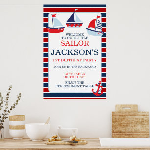 Póster Barcos de Vela Rojo y Azul Náutico para Cumpleaños
