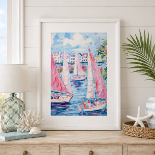 Póster Barcos de vela rosados acuarela pared costera trop
