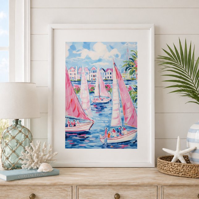 Póster Barcos de vela rosados acuarela pared costera trop (Subido por el creador)