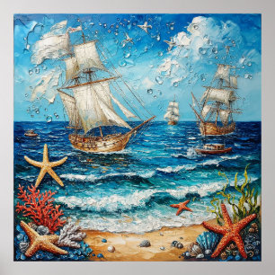 Póster Barcos de Vela y Vida Oceánica