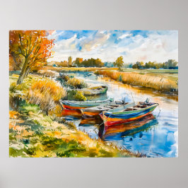 Póster Barcos descansando junto al río Havelland Acuarela