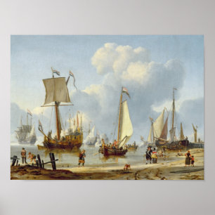 Póster Barcos en aguas tranquilas con figuras a orillas