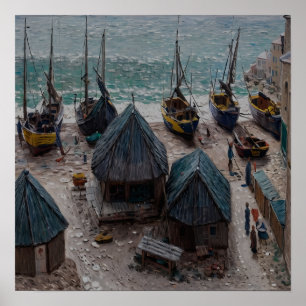 Póster Barcos en la playa de Étretat