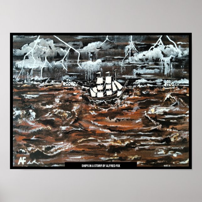 Póster Barcos en una pintura de tormentas de Alfred Fox (Frente)