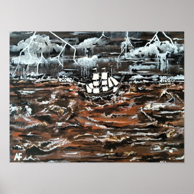 Póster Barcos en una tormenta Pintura de Alfred Fox (Frente)