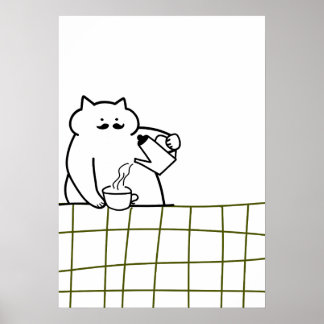 Póster Barista Cat — Coffee Pouring Feline Illustration