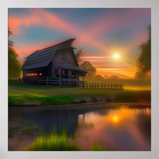 Póster Barn near pond at Sunset (Frente)