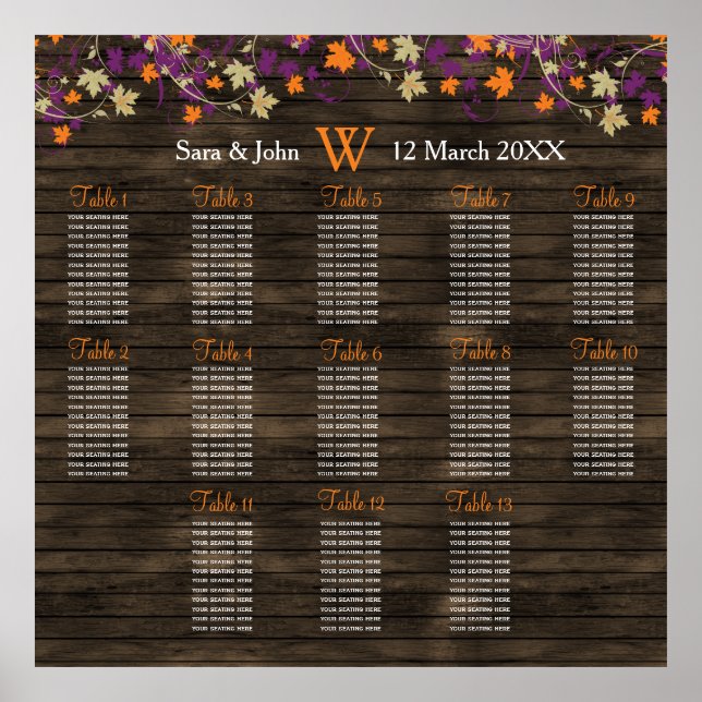 Póster Barnwood Plan de banquetes de boda de ciruela rúst (Frente)