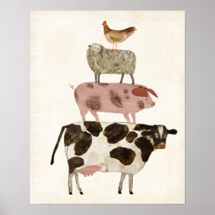 Póster Barnyard Buds: vaca, cerdo, oveja y heno