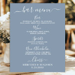 Póster Barra boda Menú Dusty Blue Drink personalizado<br><div class="desc">Menú de barras. Sencillo pero elegante caligrafía, este cartel de bar de bebidas boda incluye cuatro bebidas: "Cerveza", "Vino", "Espíritu" y "No Alcohólico", personalizadas con las bebidas que elijas. Personalizar este elegante cartel de boda con sus nombres y menú de bebidas del bar boda! DERECHOS RESERVADOS © 2020 Judy Burrows,...</div>