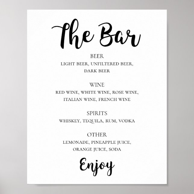 Póster Barra de bebidas alcohólicas boda de escritura bla (Frente)