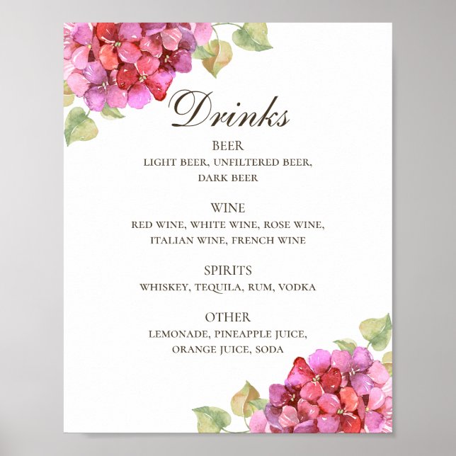Póster Barra de bebidas alcohólicas rosa boda floral colo (Frente)