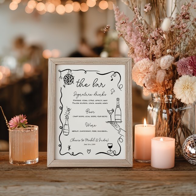 Póster Barra de Boda de mano dibujada de manera extraña y (Quirky whimsical black Hand Drawn Wedding Bar Poster)