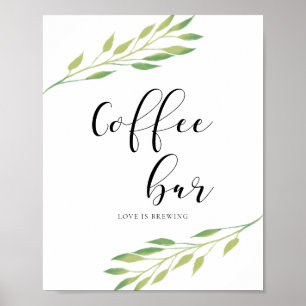 Póster Barra de café Color de agua verde hojas boda signo