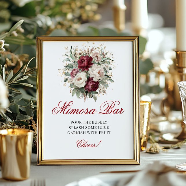 Póster Barra de Mimosa Floral de Mesa Boho Blush Burgundy (Boho Blush Burgundy Mimosa Bar Floral Tabletop Sign)