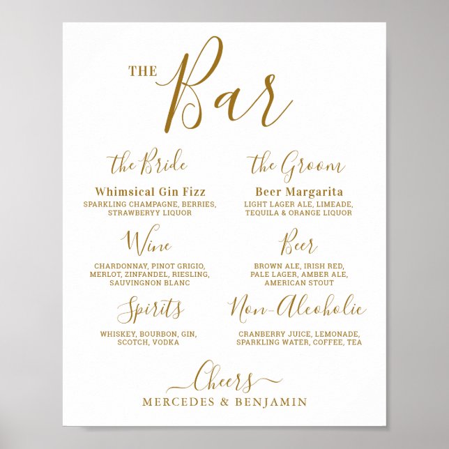 Póster Barra de oro personalizada con la firma del boda (Frente)