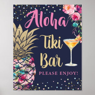 Póster Barra de Tiki Floral de piña rosa azul de la Marin