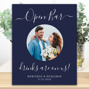 Póster Barra Libre de Boda Personalizada Foto Azul Marino
