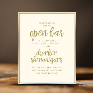 Póster Barra Libre de Boda Rústica, Travesuras Borrachas