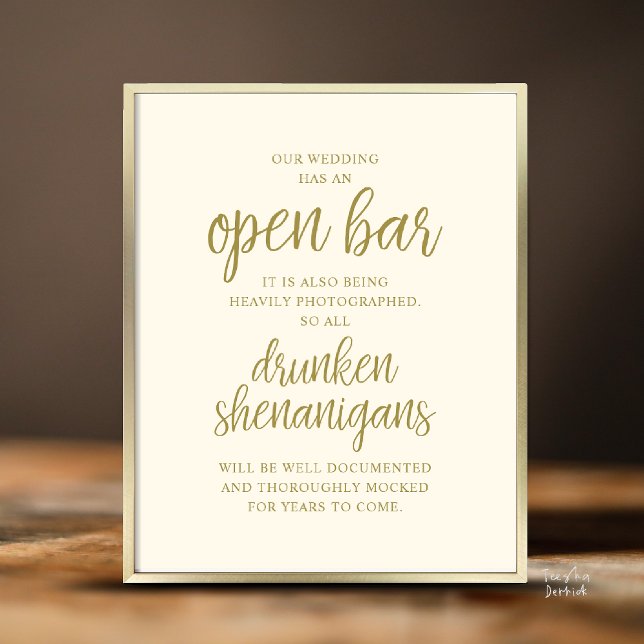 Póster Barra Libre de Boda Rústica, Travesuras Borrachas (Modern Rustic Wedding Open Bar Drunken Shenanigans Poster in Yellow Gold)