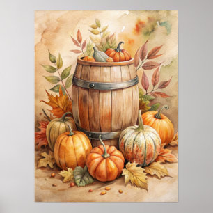 Póster Barrel de acuarela con calabazas de otoño