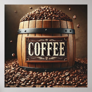 Póster Barrica Rústica de Granos de Café con Señalización