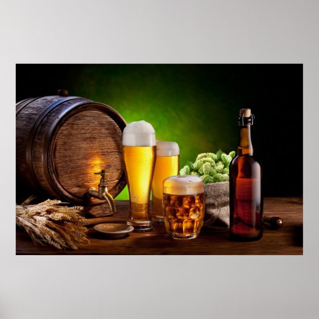Póster Barril de cerveza con lentes de cerveza sobre una  (Frente)