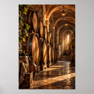 Póster Barriles de vino de roble vintage en sótano de pie