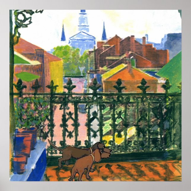 Póster Barrio francés Balcón Dachshund 2 (Frente)