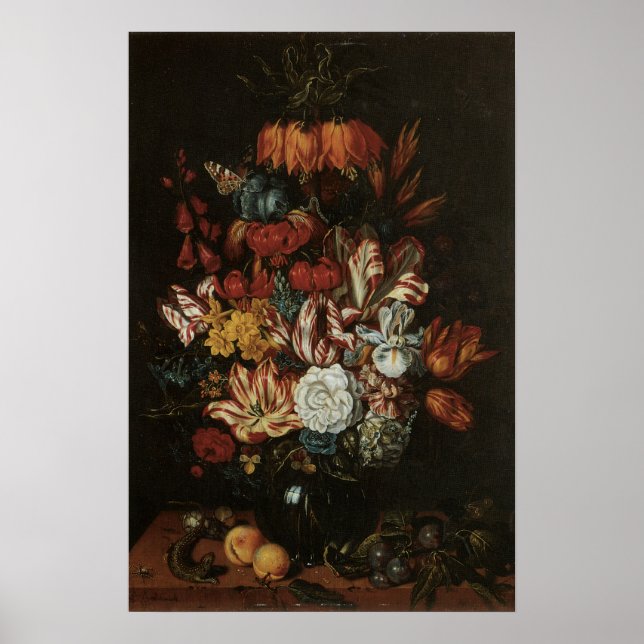 Póster Barroco Antiguo, Flores de Bodegón Floral en Jarró (Frente)