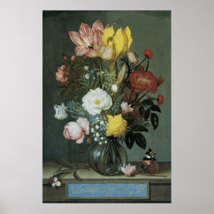 Póster Barroco Antiguo, Ramo de Flores en Jarrón de Vidri