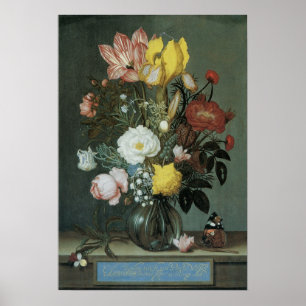 Póster Barroco Antiguo, Ramo de Flores en Jarrón de Vidri