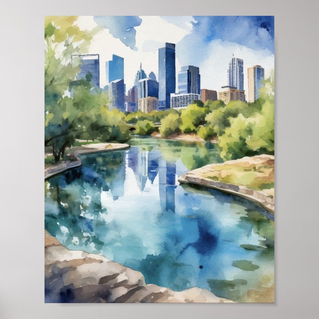 Póster Barton Springs Austin Texas Watercolor (Frente)